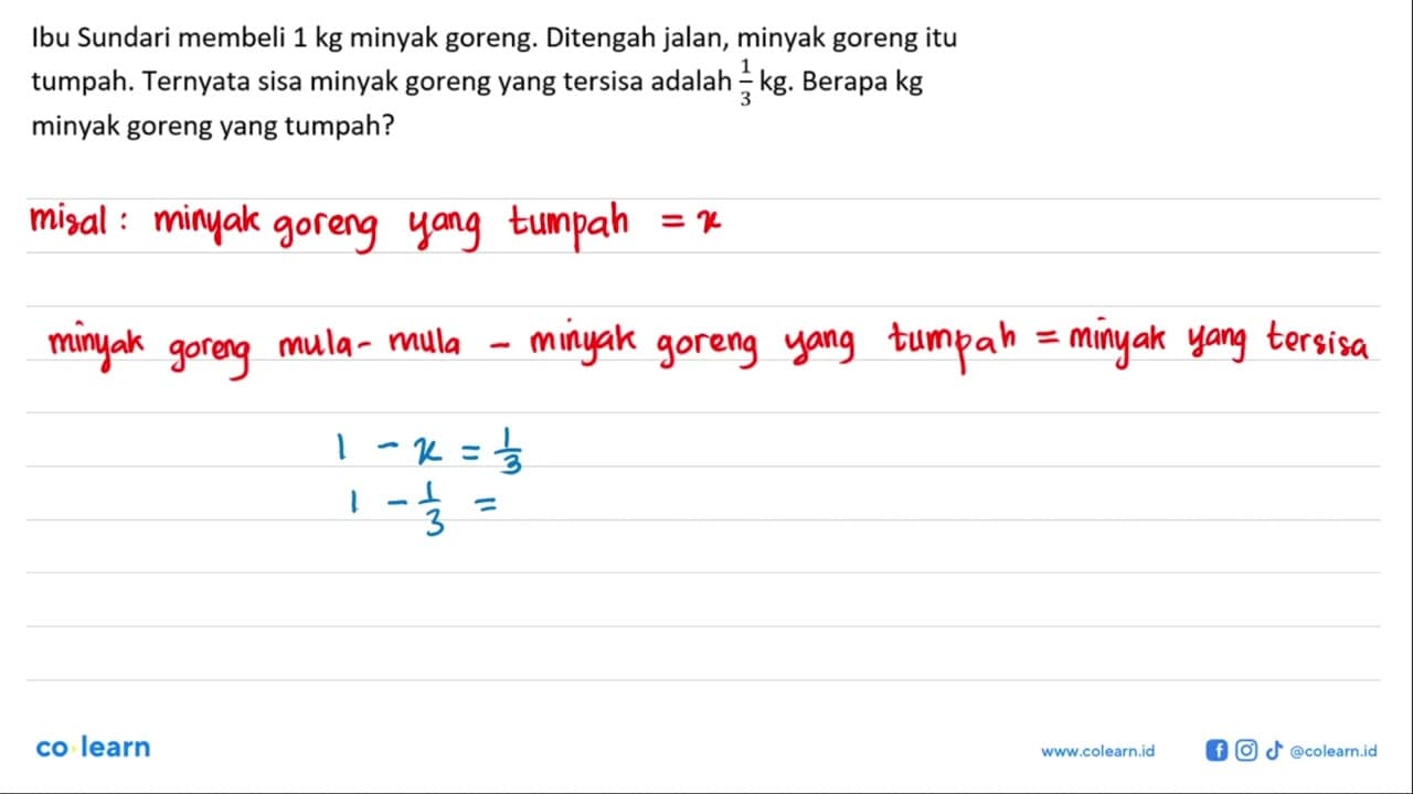 Ibu Sundari membeli 1 kg minyak goreng. Ditengah jalan,