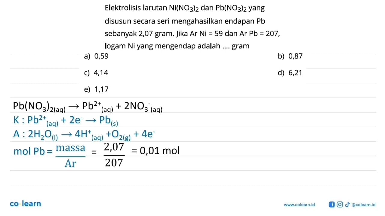 Elektrolisis larutan Ni(NO3)2 dan Pb(NO3)2 yang disusun