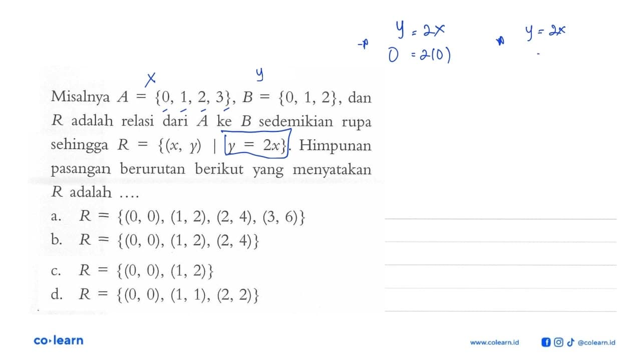 Misalnya A = {0, 1, 2, 3}, B = {0, 1, 2}, dan R adalah