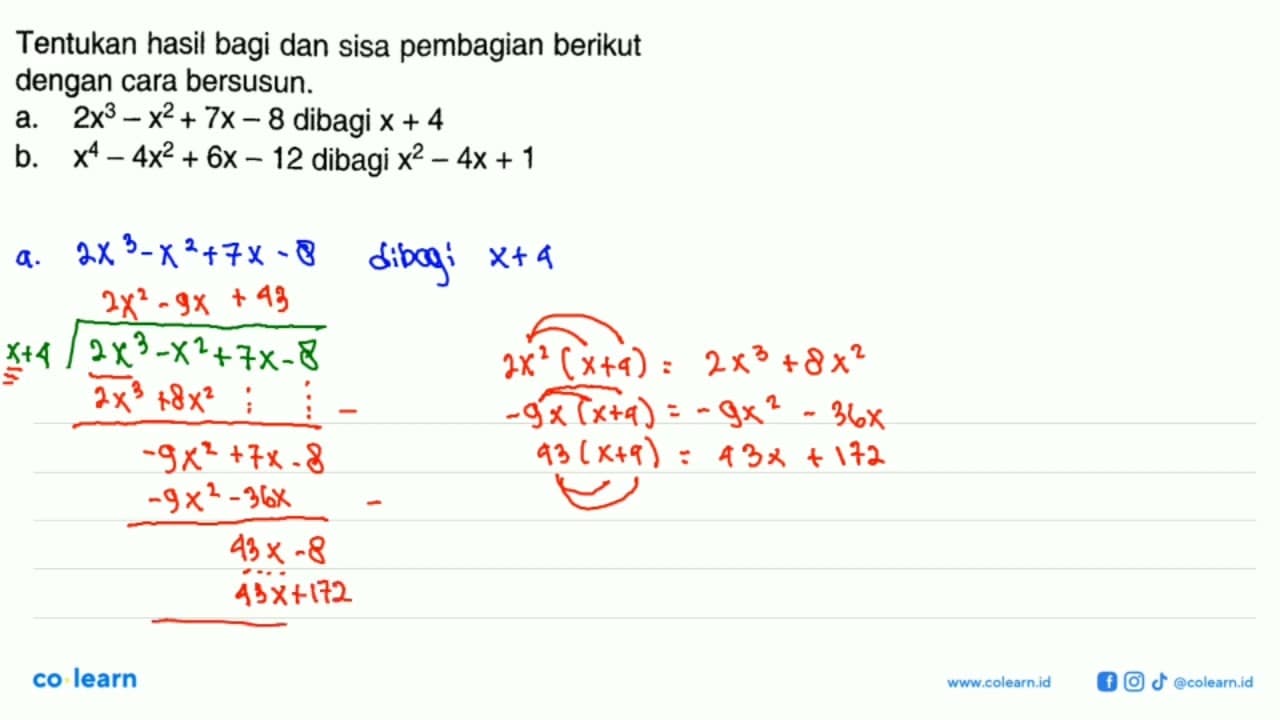 Tentukan hasil bagi dan sisa pembagian berikut dengan cara