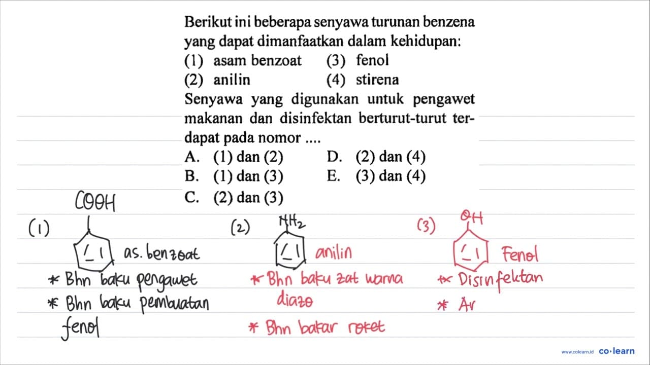 Berikut ini beberapa senyawa turunan benzena yang dapat