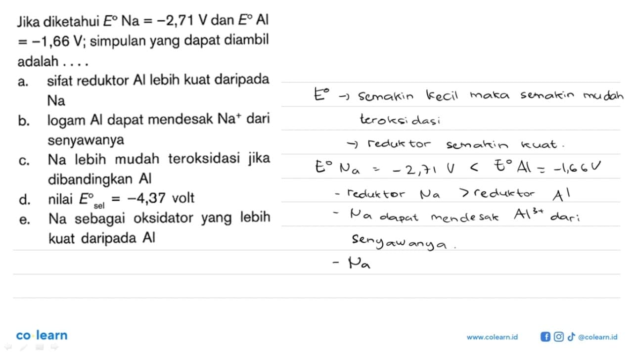 Jika diketahui E Na = -2,71 V dan E Al = -1,66 V; simpulan