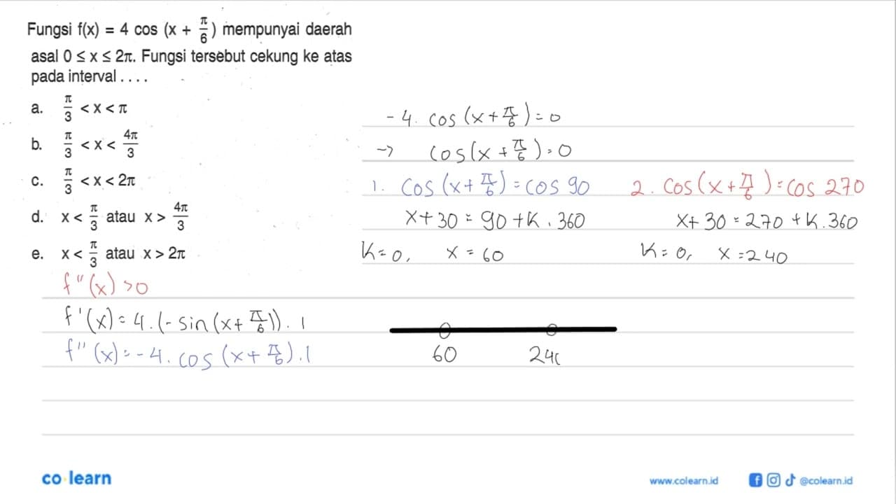 Fungsi f(x)=4cos(x+pi/6) mempunyai daerah asal 0<=x<=2pi.