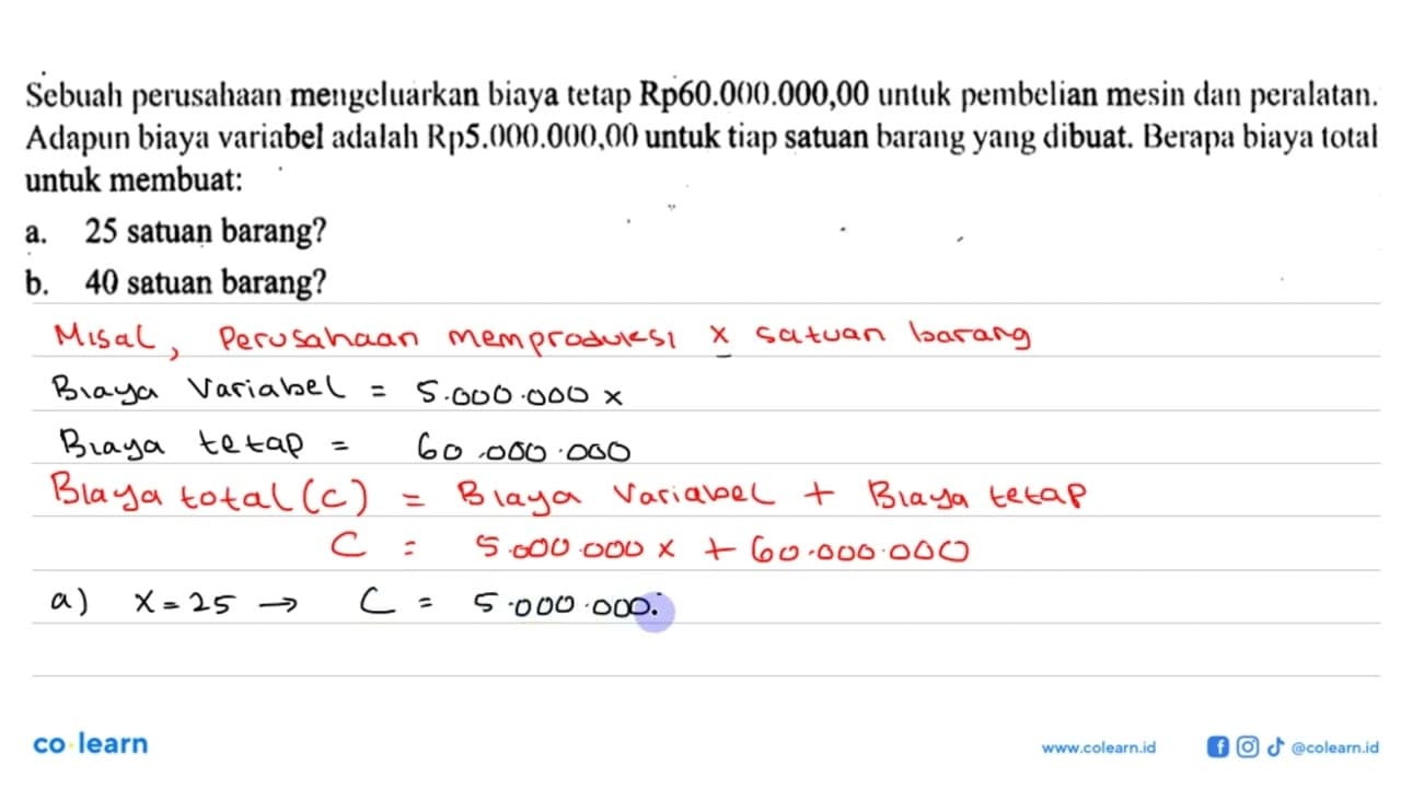 Sebuah perusahaan mengeluarkan biaya tetap Rp60.0000.000,00