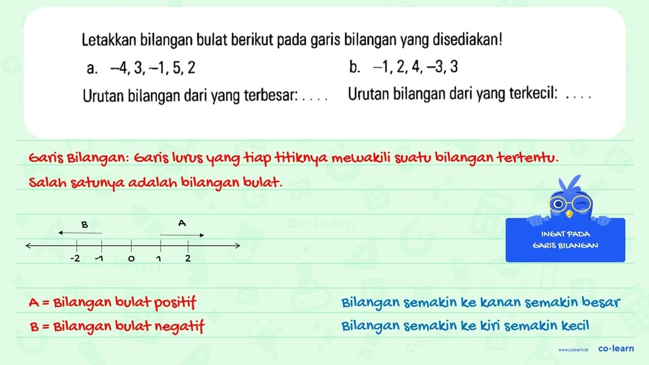 Letakkan bilangan bulat berikut pada garis bilangan yang