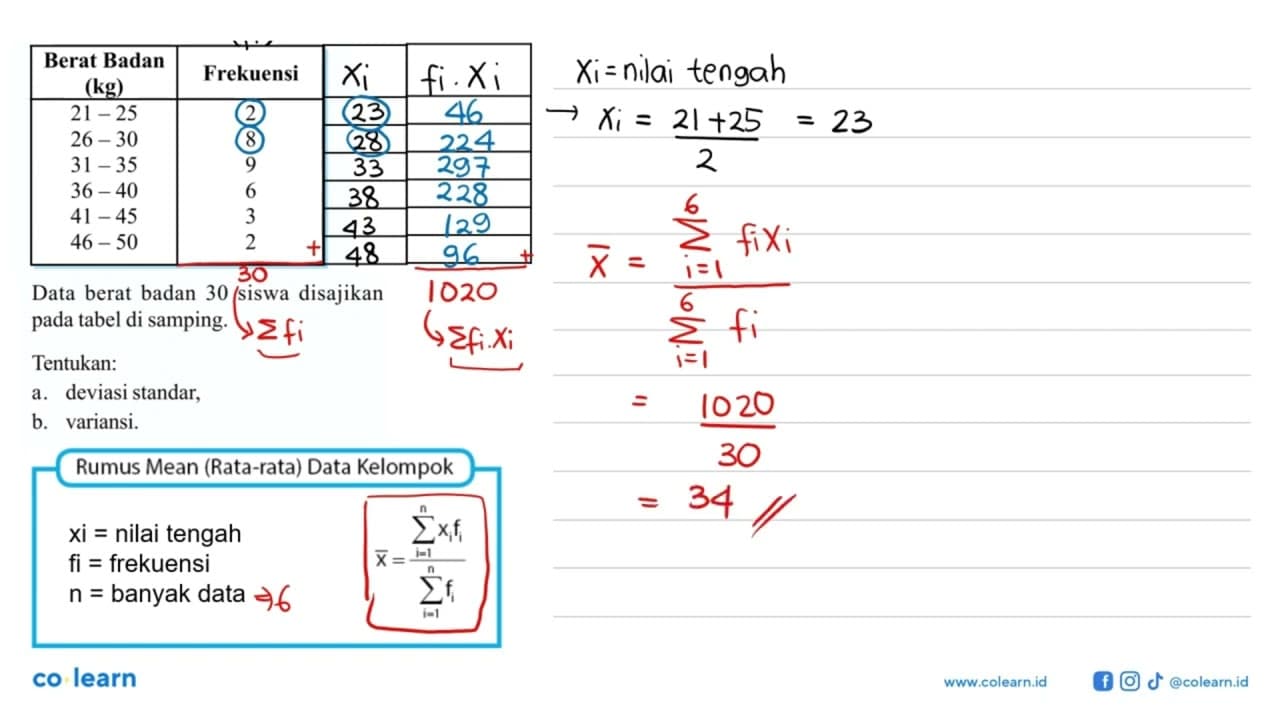 Data berat badan 30 siswa disajikan pada tabel di samping.