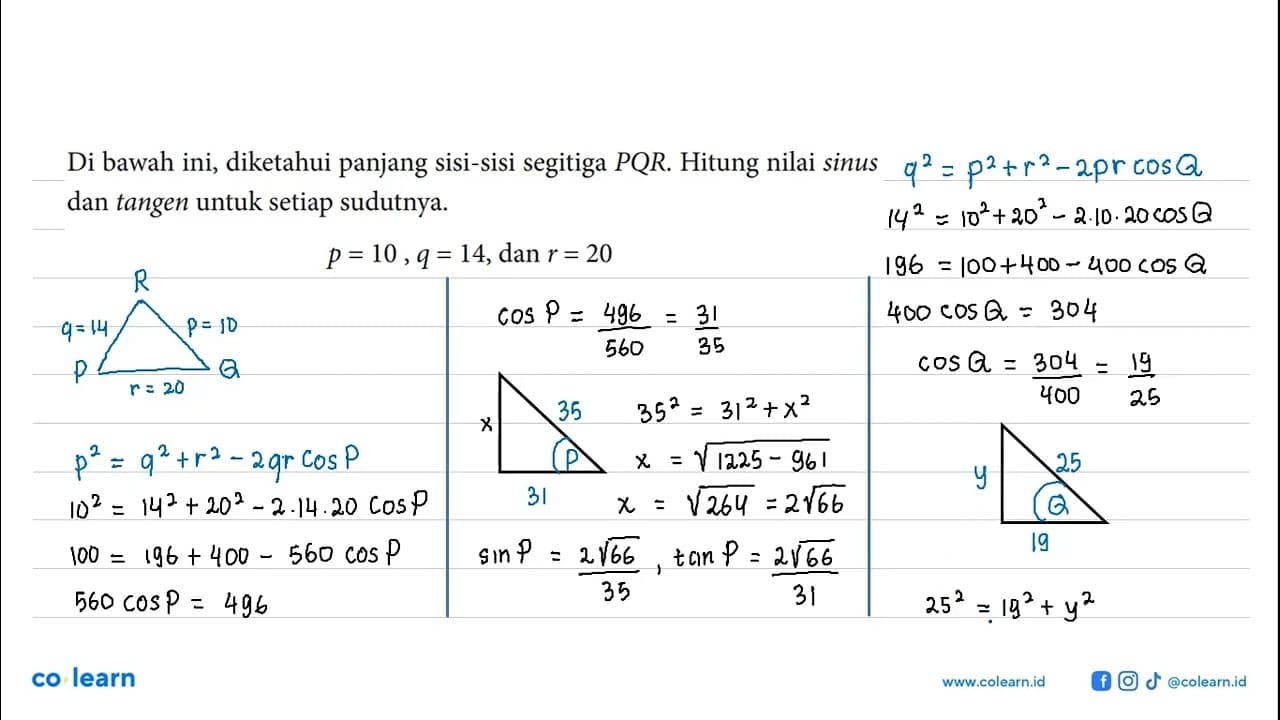 Di bawah ini, diketahui panjang sisi-sisi segitiga PQR.