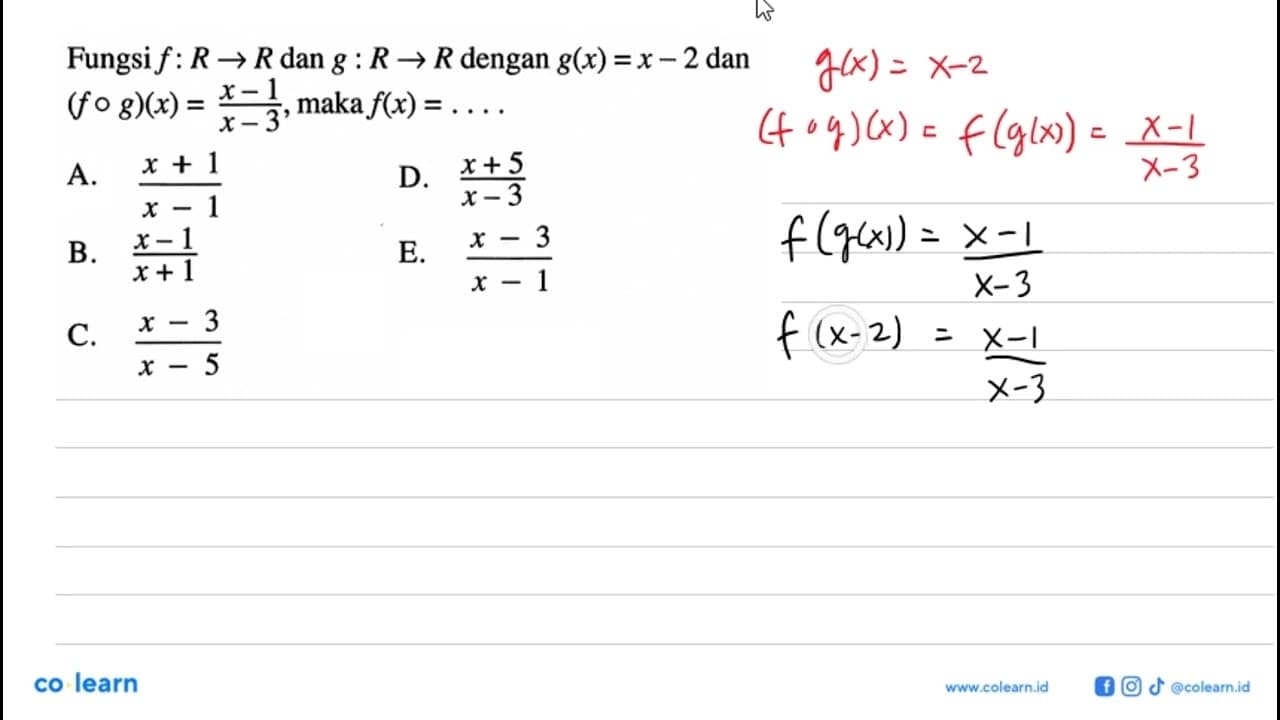 Fungsi f: R arrow R dan g: R arrow R dengan g(x)=x-2 dan (f