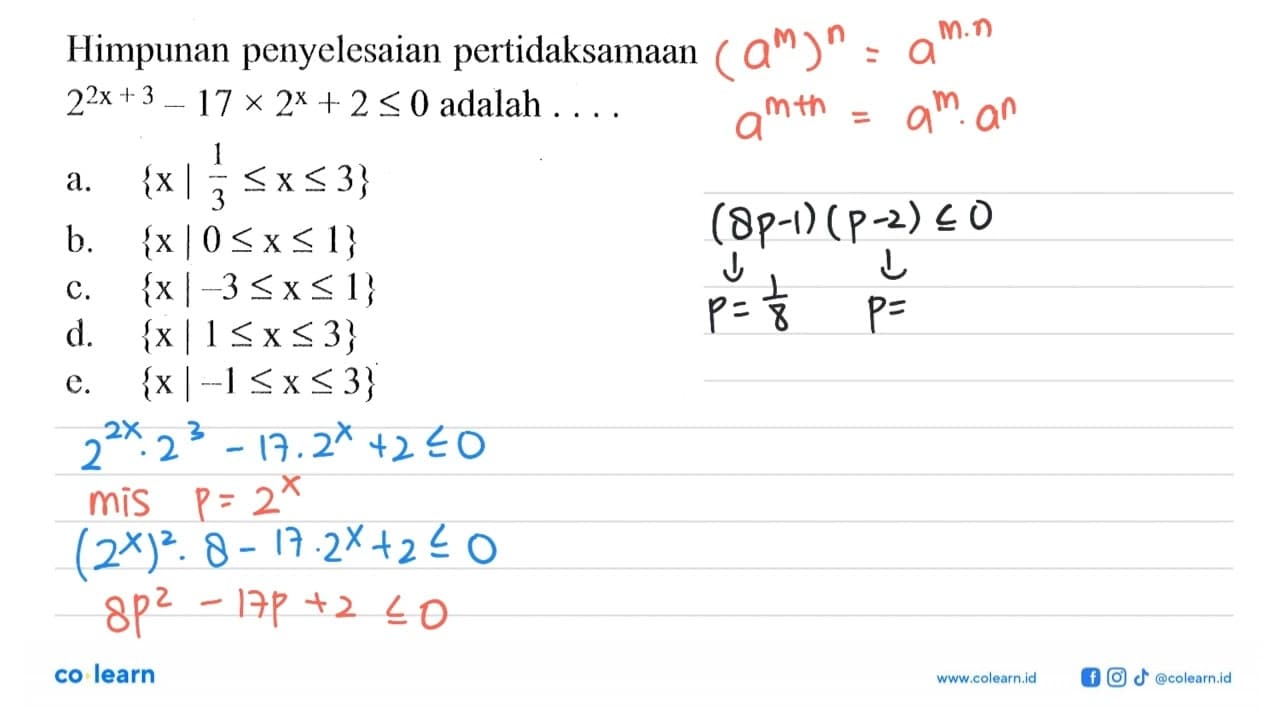 Himpunan penyelesaian pertidaksamaan 2^(2x+3)-17x2^x+2<=0