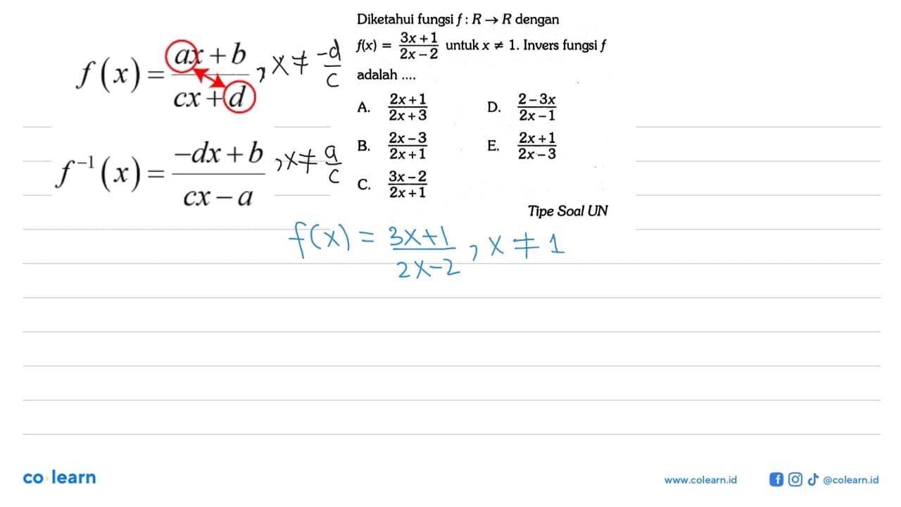 Diketahui fungsi f: R->R dengan f(x)=(3x+1)/(2x-2) untuk x