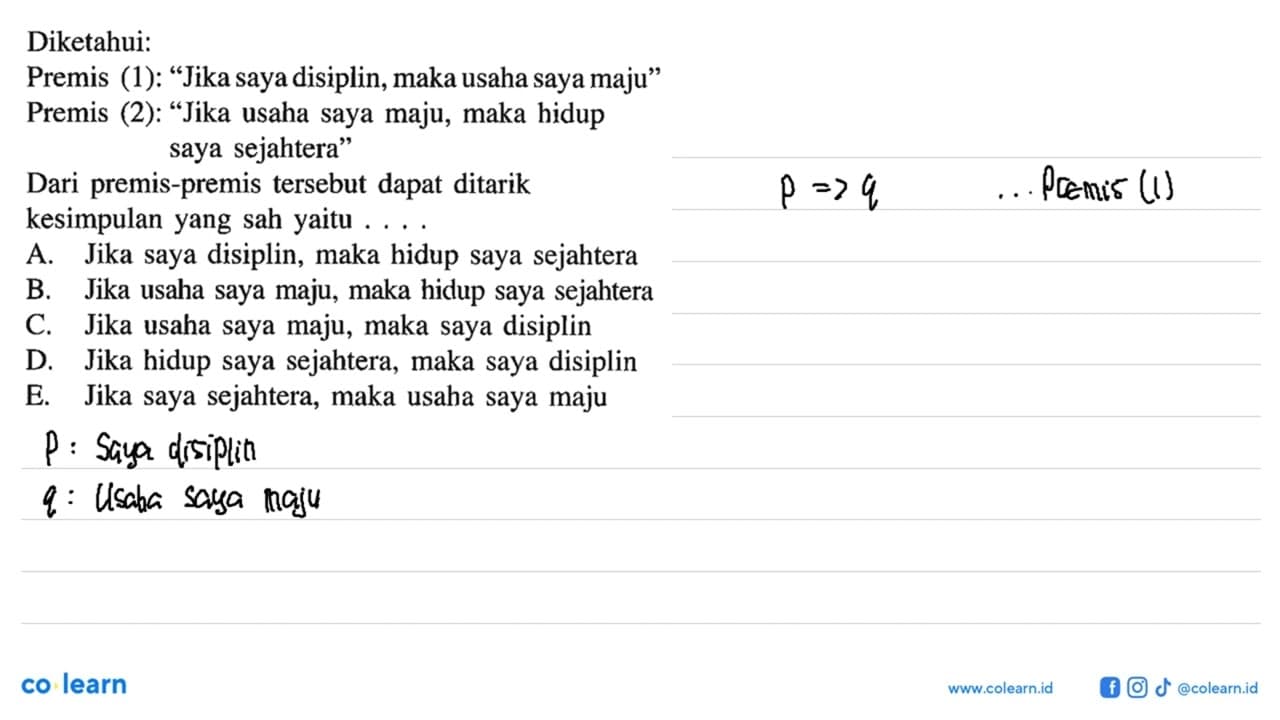 Diketahui: Premis (1): 'Jika saya disiplin, maka usaha saya