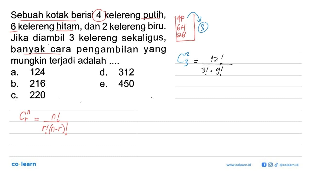 Sebuah kotak berisi 4 kelereng putih, 6 kelereng hitam, dan