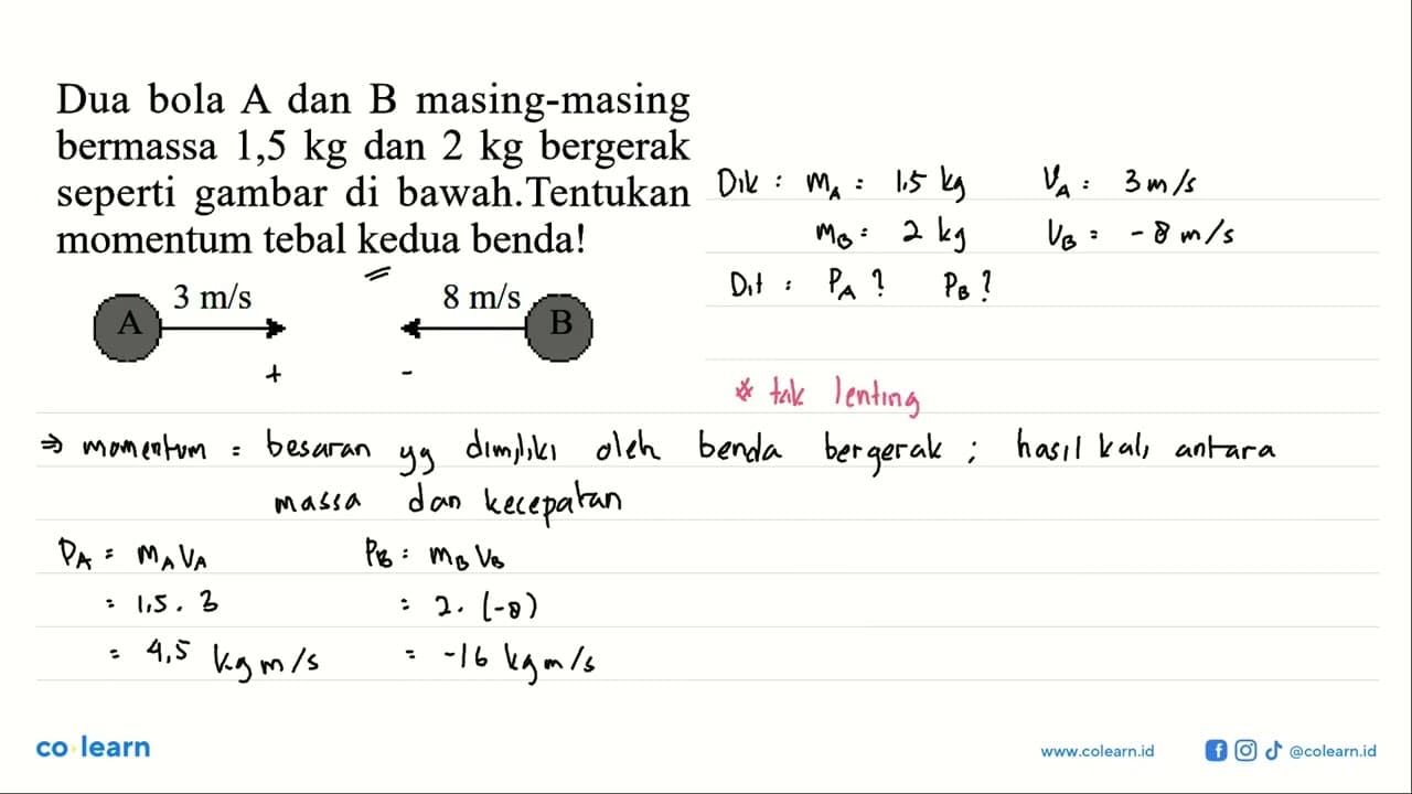 Dua bola A dan B masing-masing bermassa 1,5 kg dan 2 kg