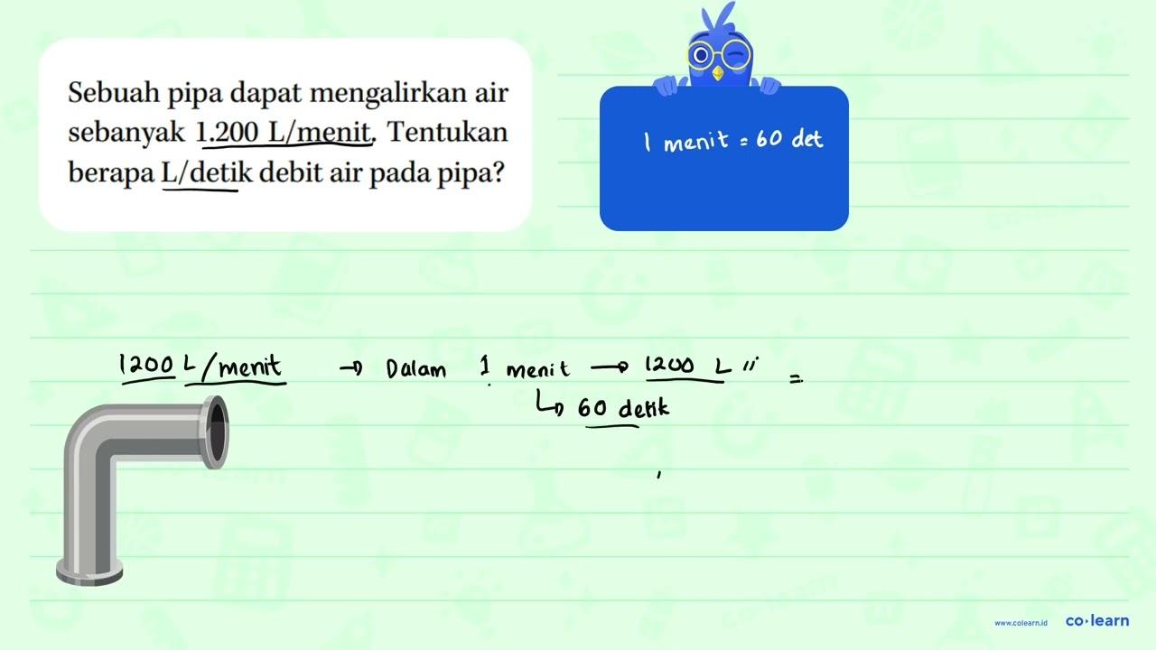 Sebuah pipa dapat mengalirkan air sebanyak 1.200 L/menit.