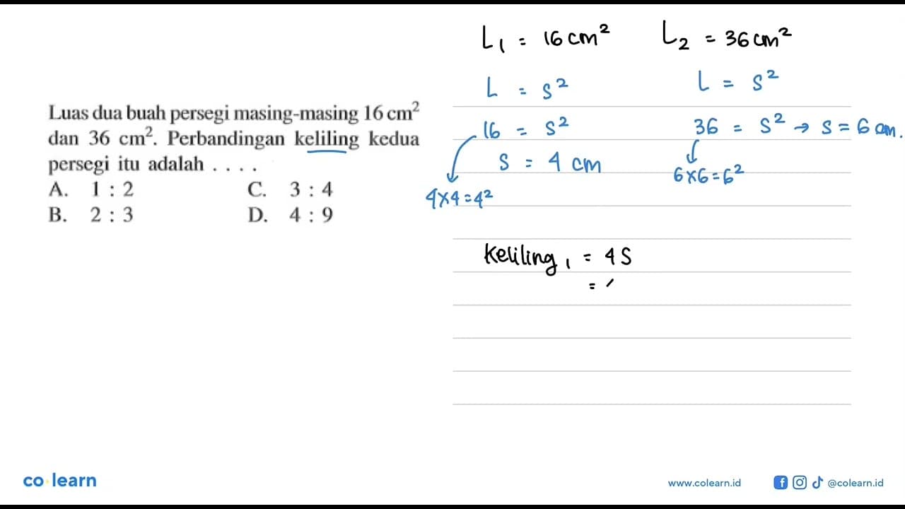 Luas dua buah persegi masing-masing 16 cm^2 dan 36 cm^2.
