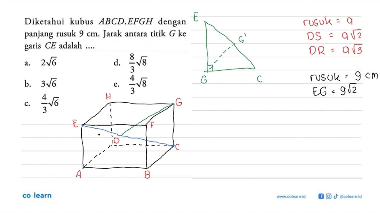 Diketahui kubus ABCD.EFGH dengan panjang rusuk 9 cm. Jarak