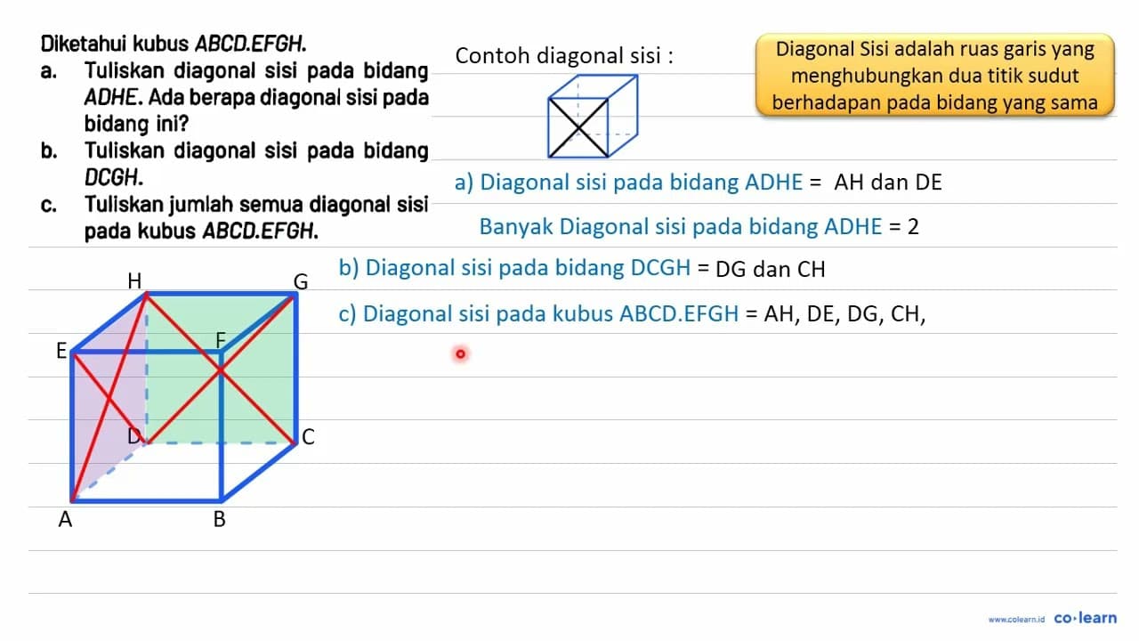 Diketahui kubus ABCD.EFGH. a. Tuliskan diagonal sisi pada