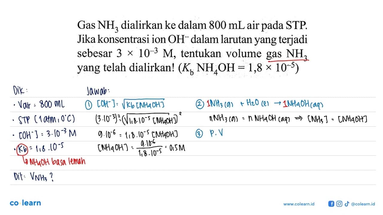 Gas NH3 dialirkan ke dalam 800 mL air pada STP. Jika