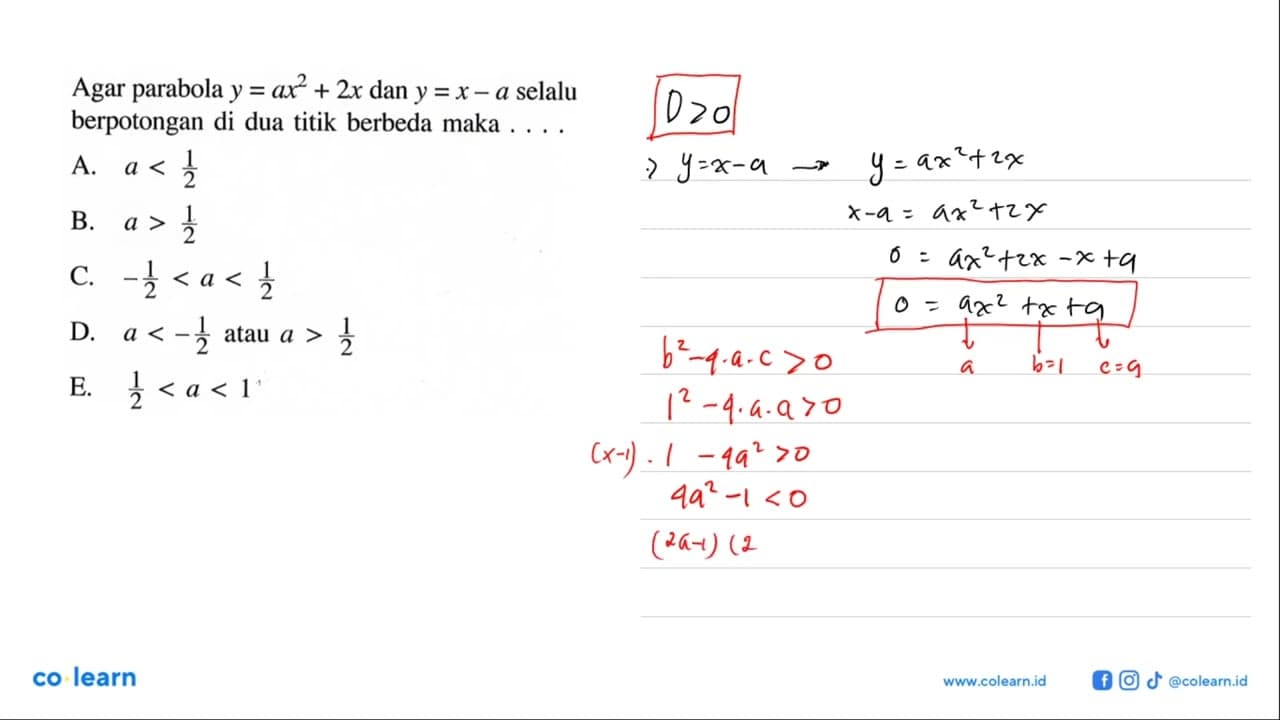 Agar parabola y=ax^2+2x dan y=x-a selalu berpotongan di dua