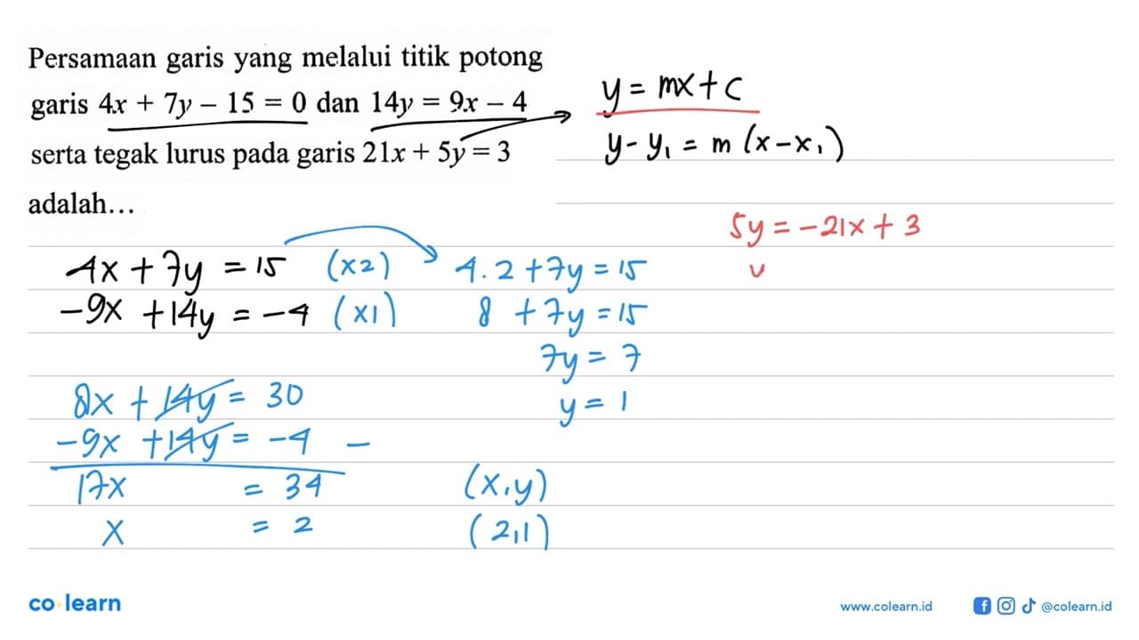 Persamaan garis yang melalui titik potong garis 4x + 7y -