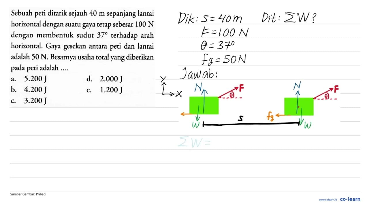 Sebuah peti ditarik sejauh 40 m sepanjang lantai horizontal