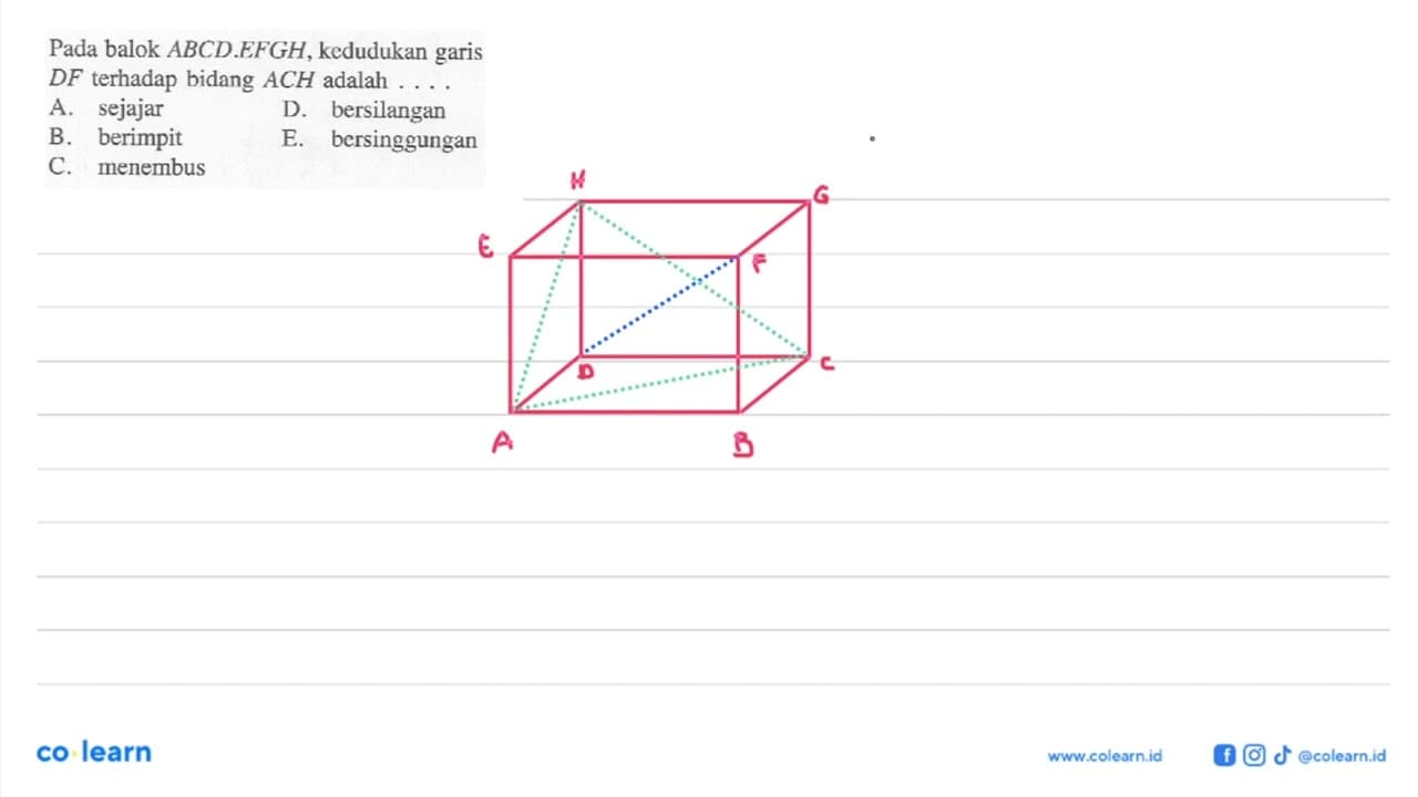 Pada balok ABCD.EFGH, kedudukan garis DF terhadap bidang