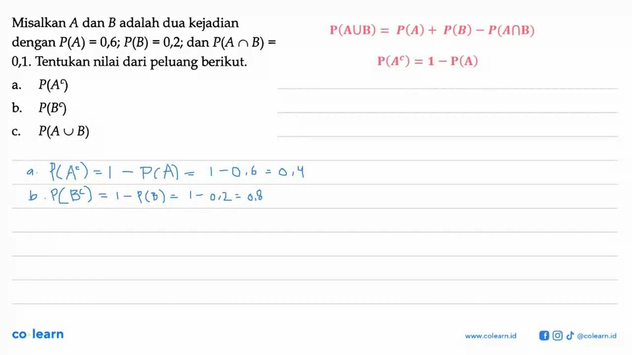 Misalkan A dan B adalah dua kejadian dengan P(A) = 0,6;