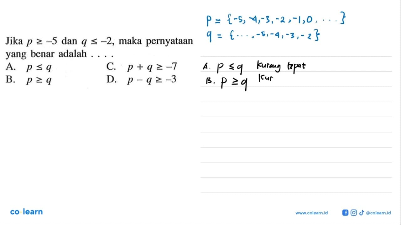 Jika p >= -5 dan q <= -2, maka pernyataan yang benar