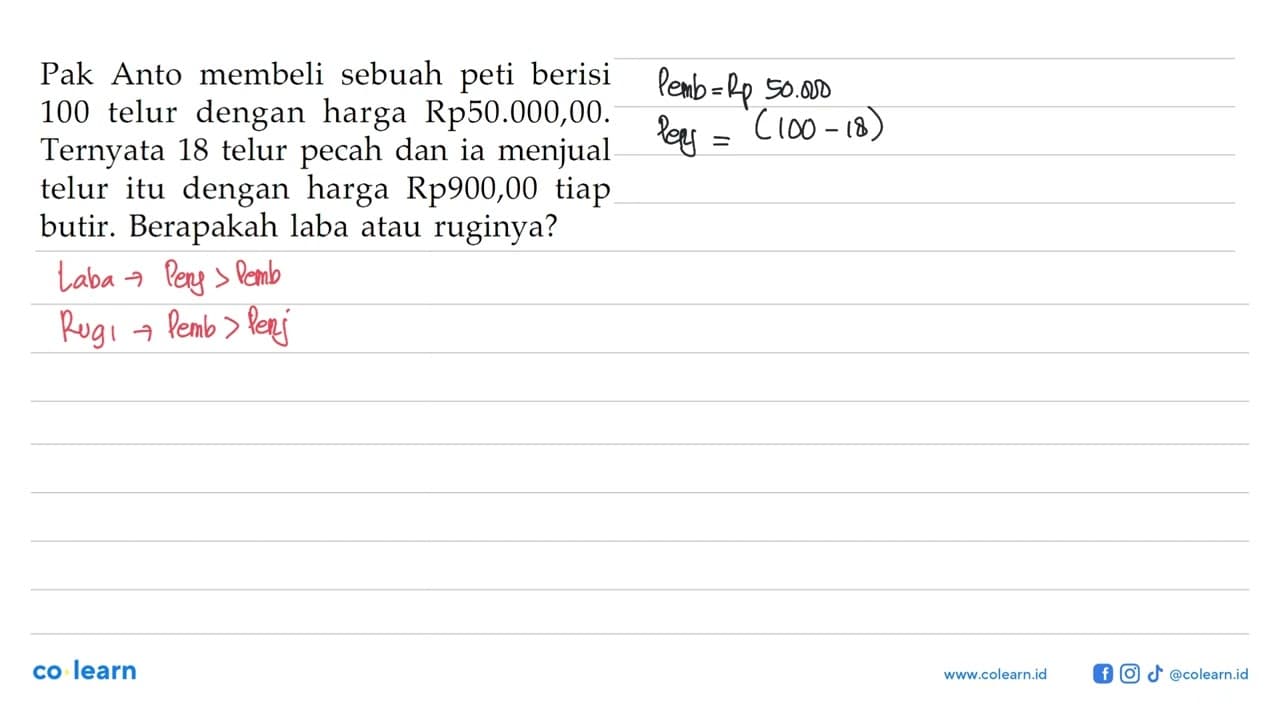 Pak Anto membeli sebuah peti berisi 100 telur dengan harga