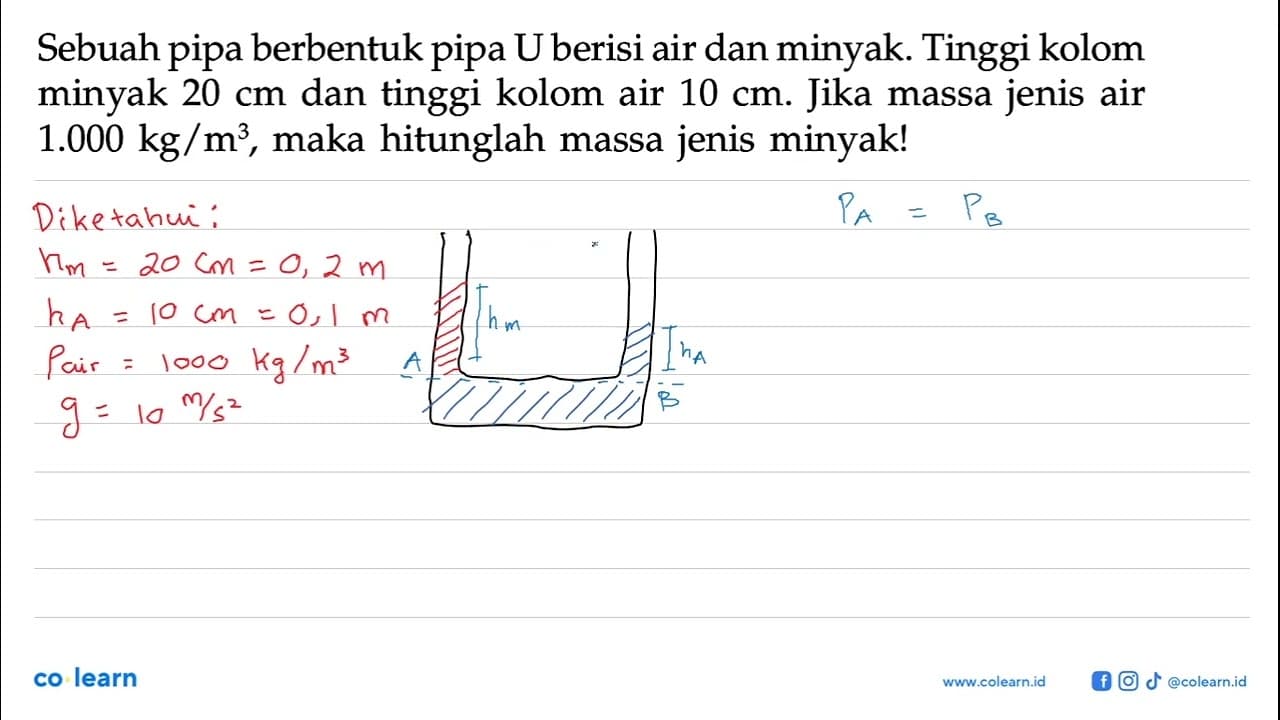 Sebuah pipa berbentuk pipa U berisi air dan minyak. Tinggi