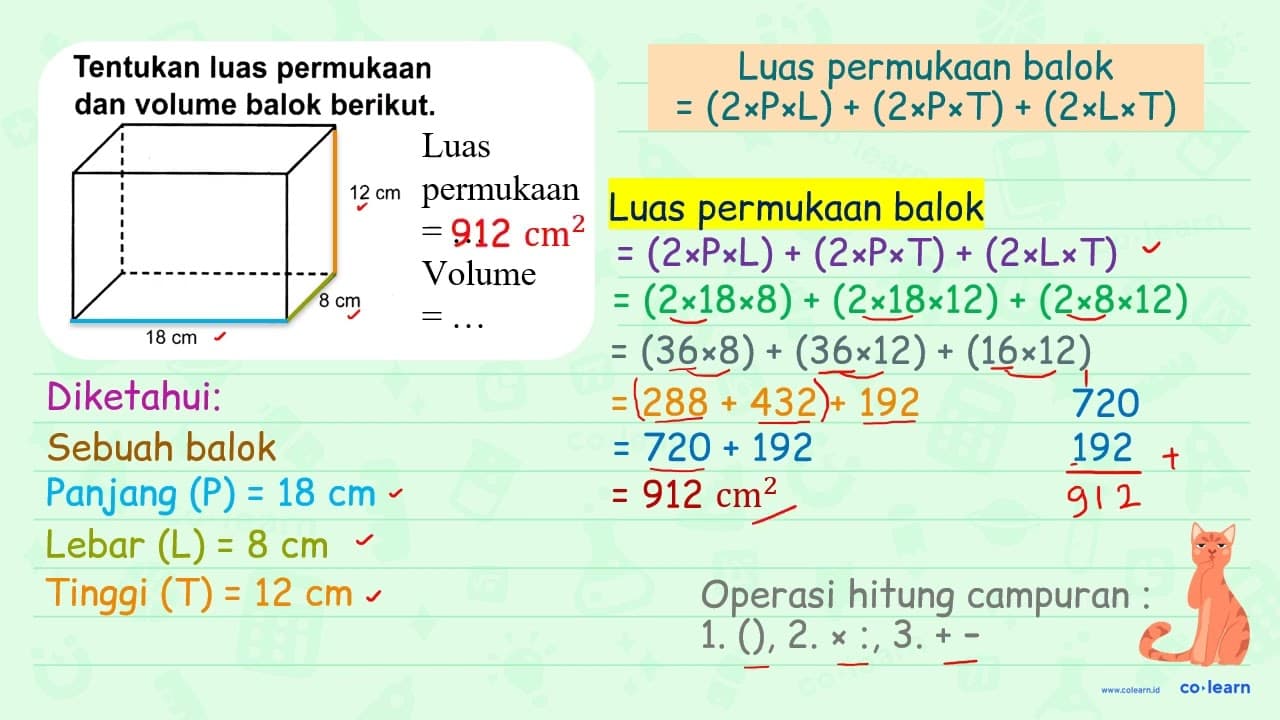 Tentukan luas permukaan dan volume balok berikut.