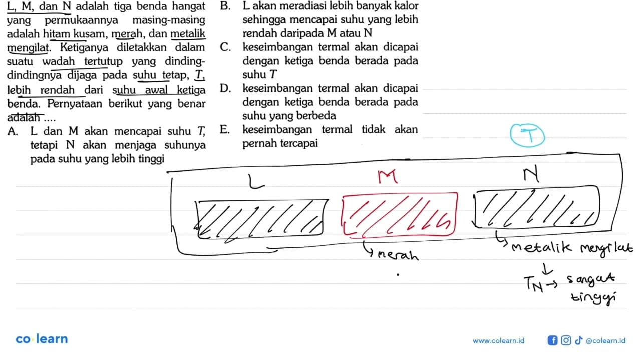 L, M, dan N adalah tiga benda hangan yang permukannya