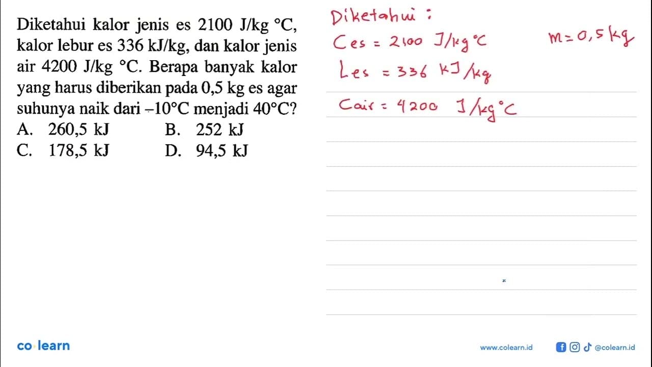 Diketahui kalor jenis es 2100 J/kg C, kalor lebur es 336