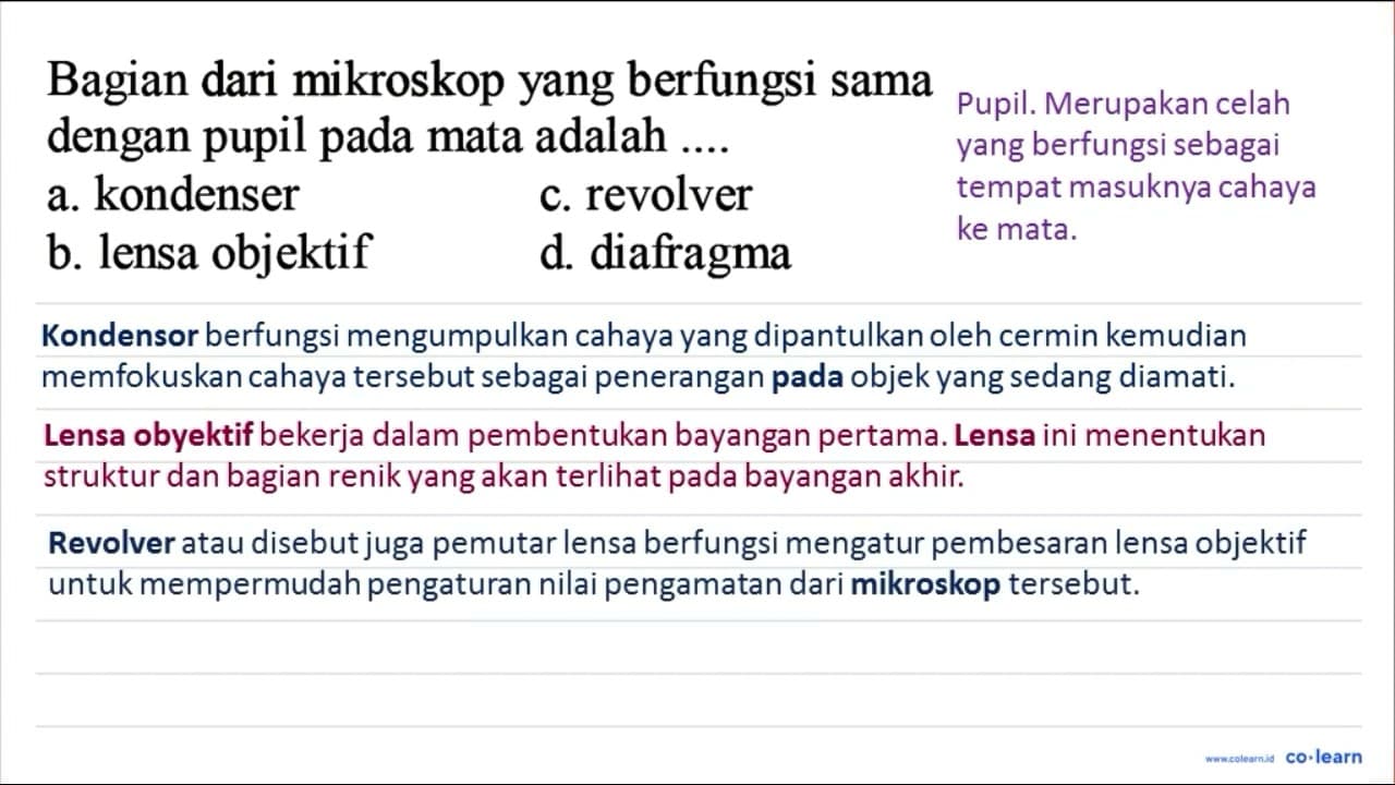 Bagian dari mikroskop yang berfungsi sama dengan pupil pada