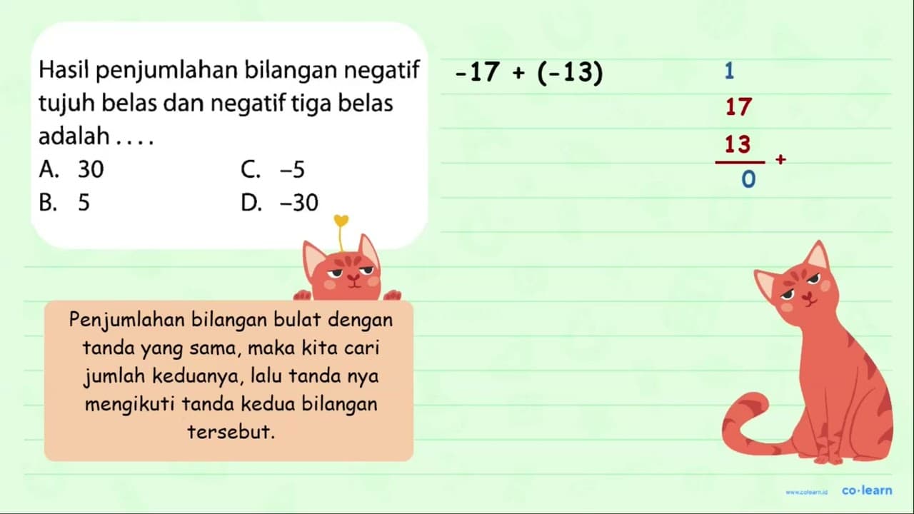 Hasil penjumlahan bilangan negatif tujuh belas dan negatif