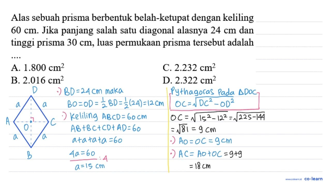 Alas sebuah prisma berbentuk belah-ketupat dengan keliling