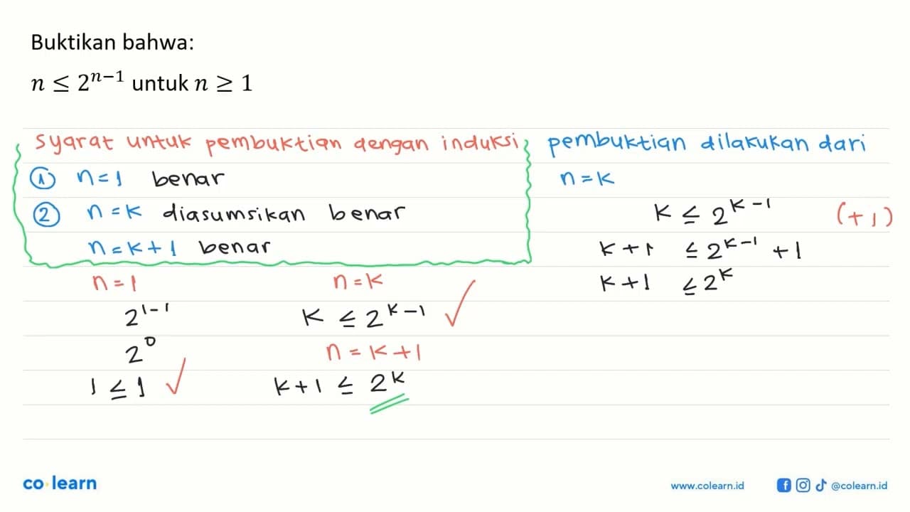 Buktikan bahwa: n<=2^(n-1) untuk n>=1