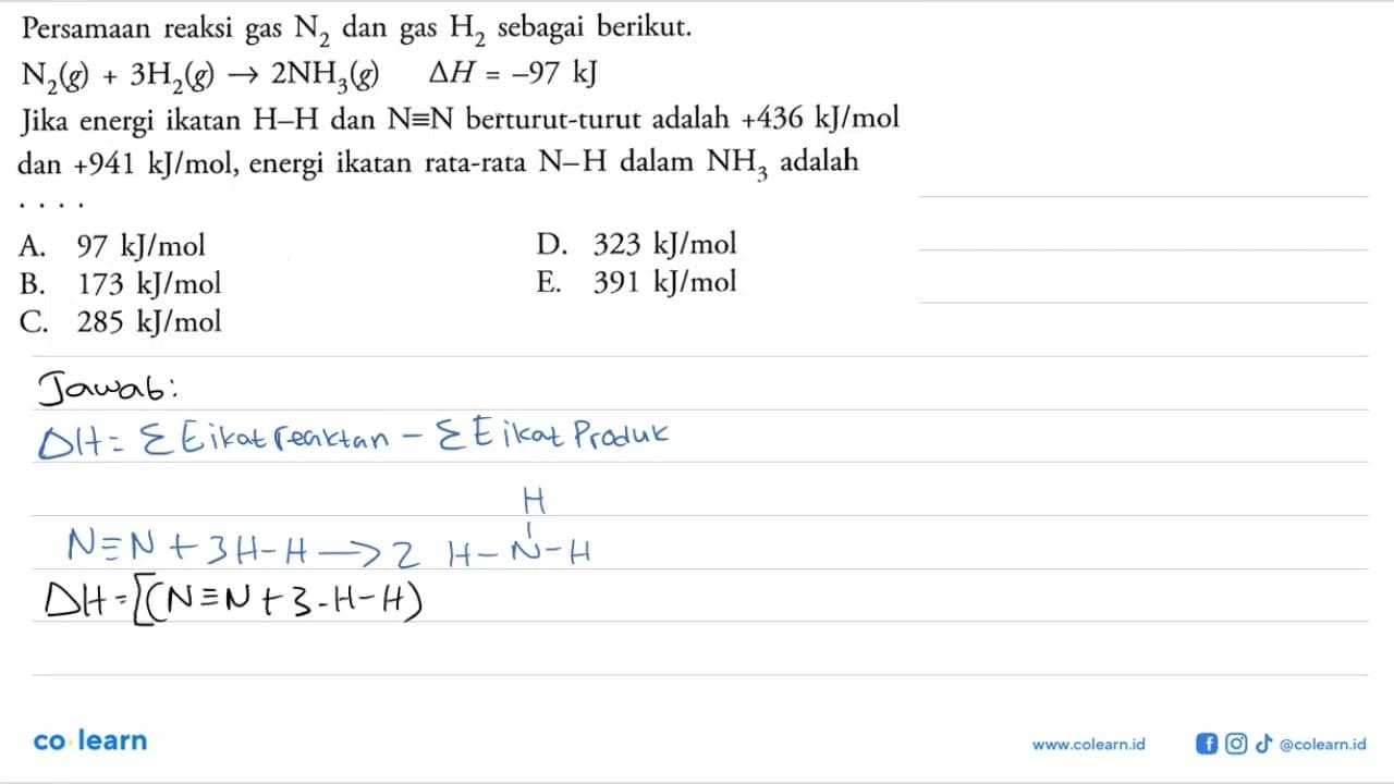 Persamaan reaksi gas N2 dan gas H2 sebagai