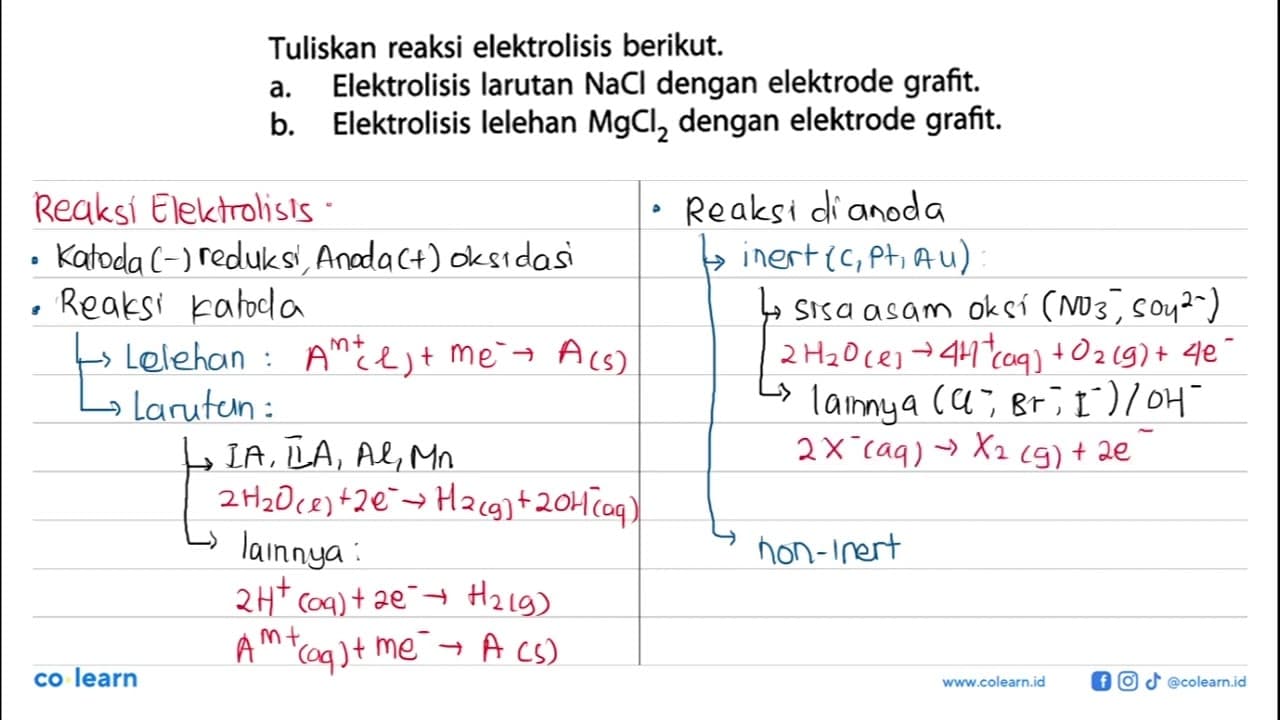 Tuliskan reaksi elektrolisis berikut.a. Elektrolisis