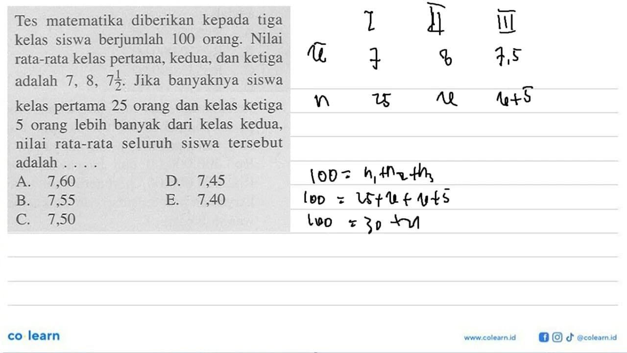 Tes matematika diberikan kepada tiga kelas siswa berjumlah