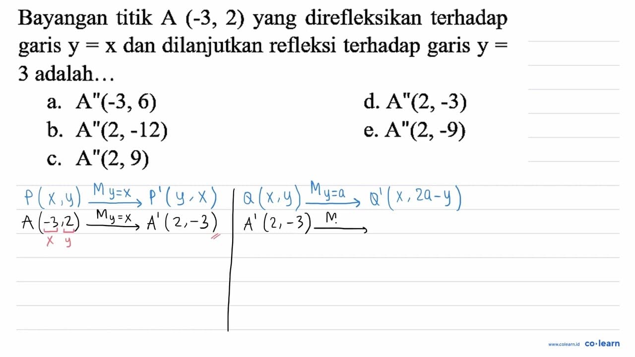 Bayangan titik A (-3,2) yang direfleksikan terhadap garis