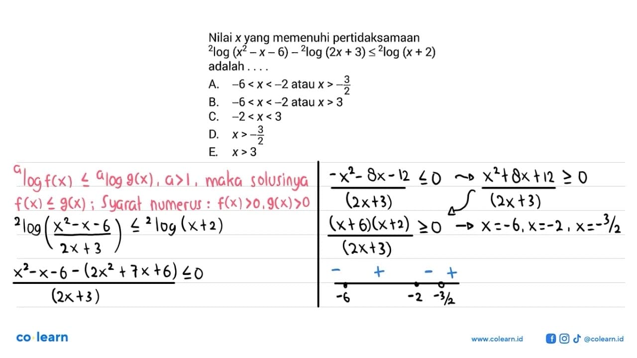 Nilai x yang memenuhi pertidaksamaan 2 log (x^2-x-6)-2 log