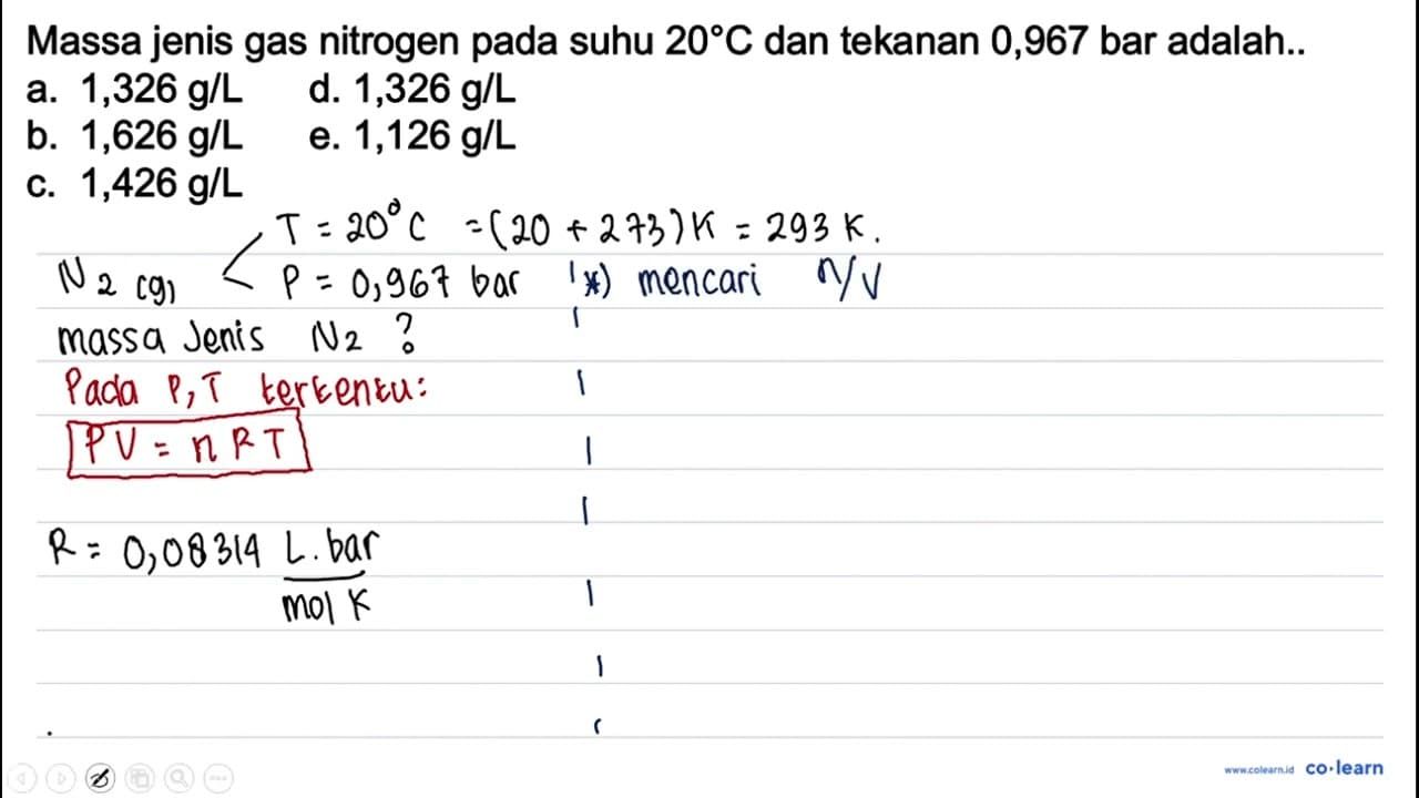 Massa jenis gas Nitrogen pada suhu 20 C dan tekanan 0,967