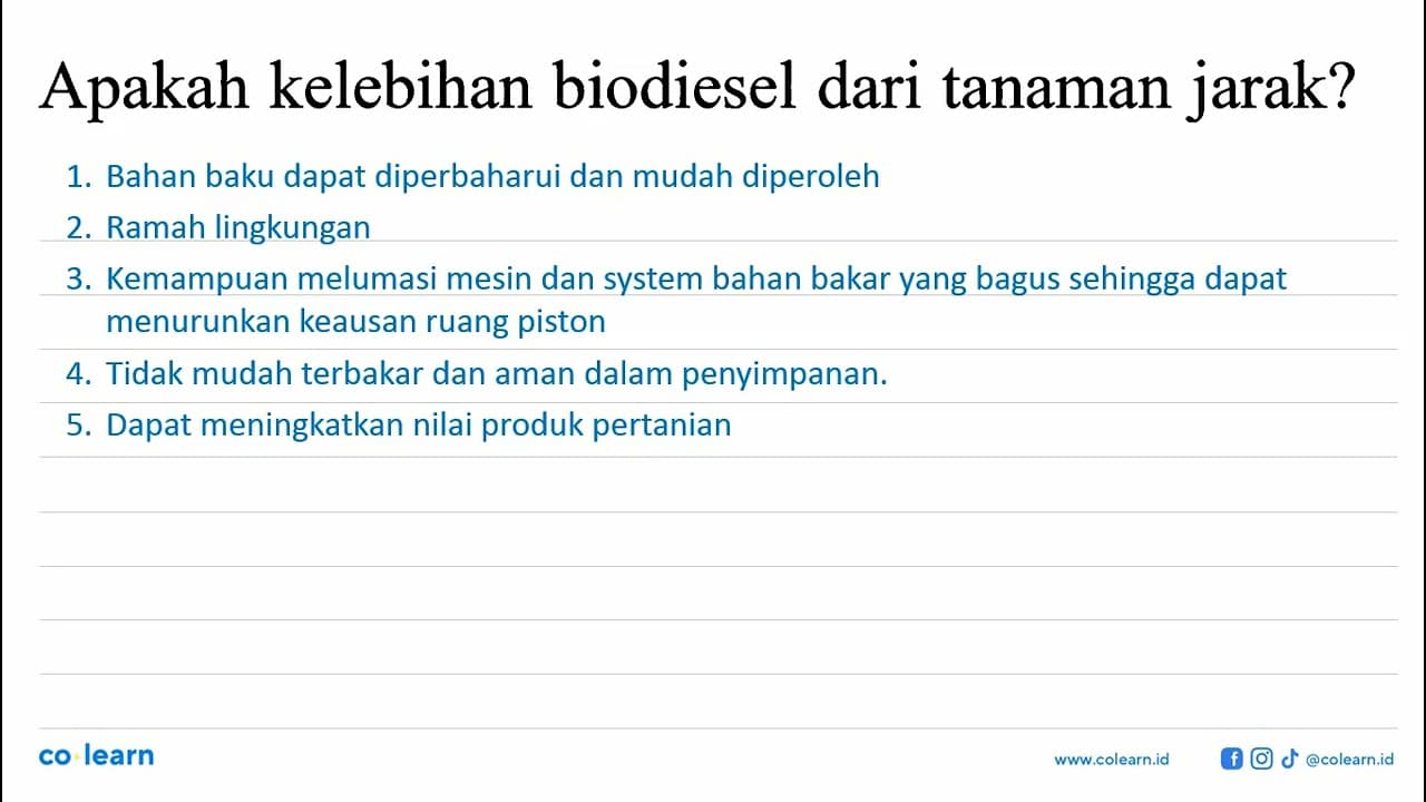 Apakah kelebihan biodiesel dari tanaman jarak?