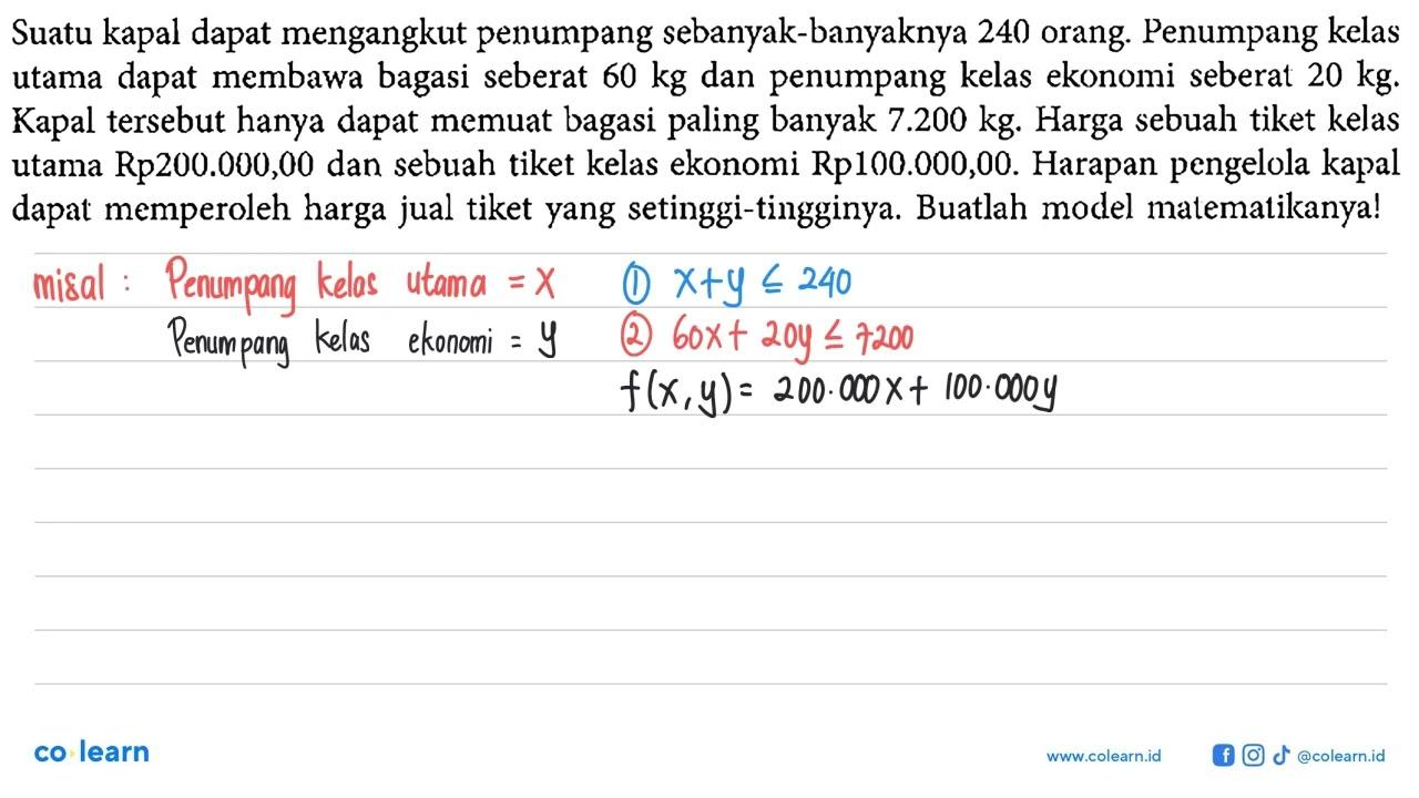 Suatu kapal dapat mengangkut penumpang sebanyak-banyaknya