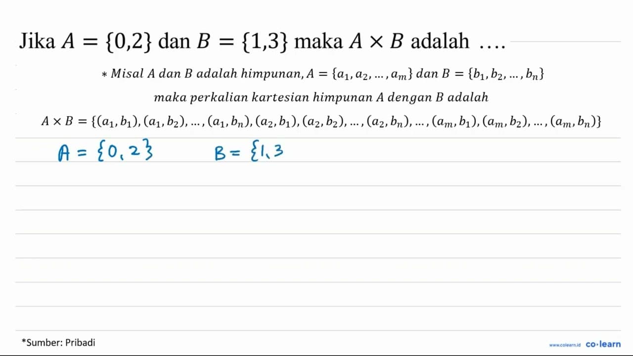 Jika A={0,2} dan B={1,3} maka A x B adalah