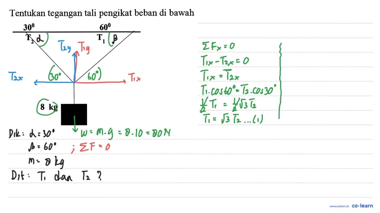 Tentukan tegangan tali pengikat beban di bawah 30 60 T2 T1