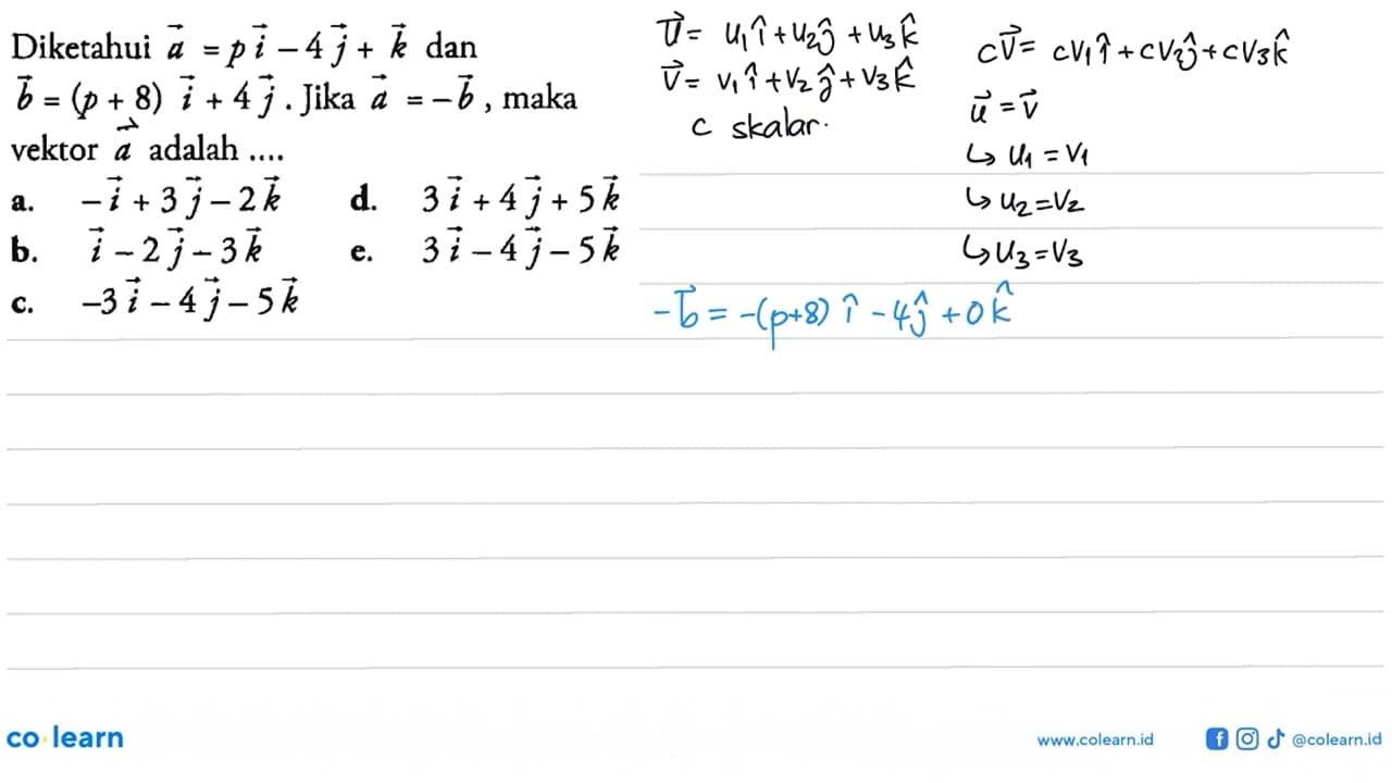 Diketahui vektor a=pi-4j+k dan b=(p+8)i+4j. Jika a=-b,