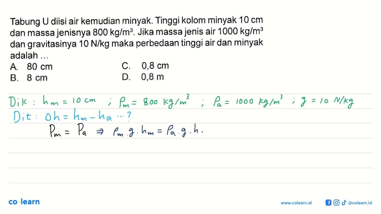 Tabung U diisi air kemudian minyak. Tinggi kolom minyak 10