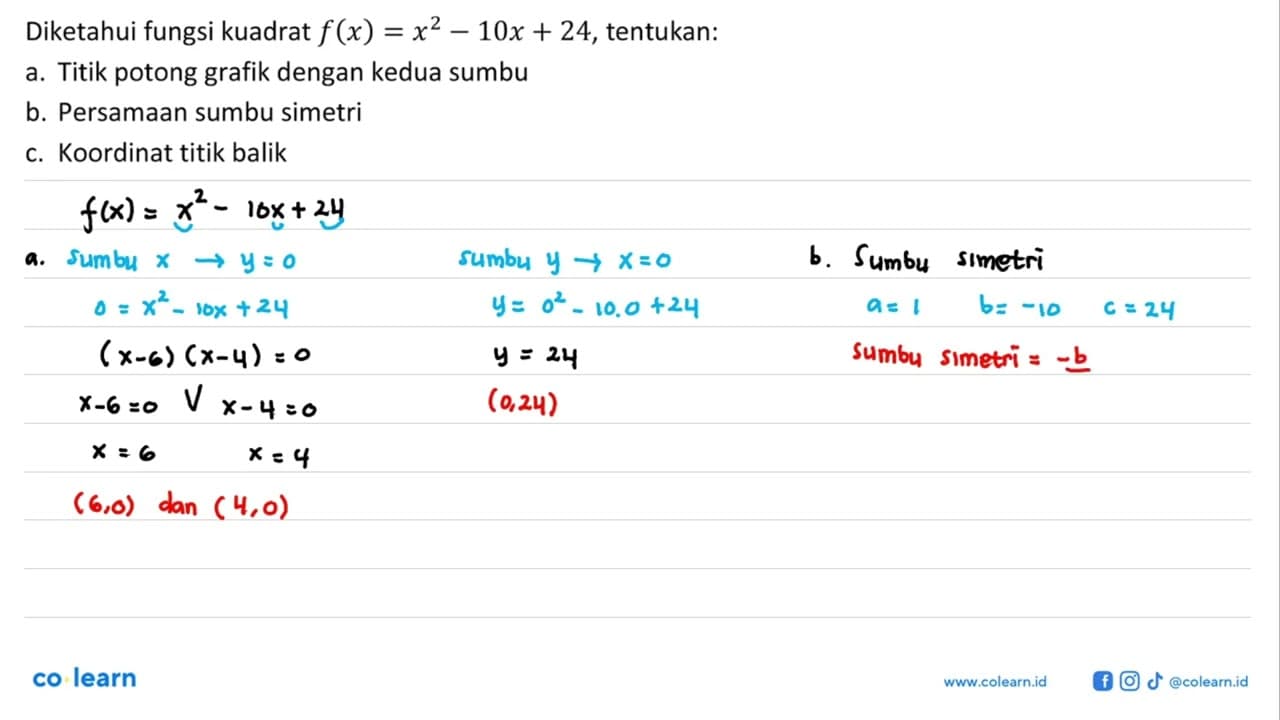 Diketahui fungsi kuadrat f(x) = x^2 - 10x + 24, tentukan: